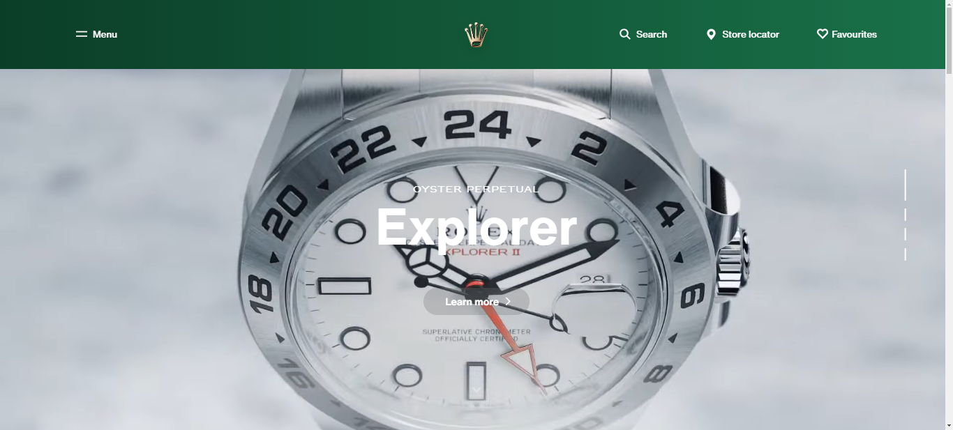 Homepage glimpse of Rolex's elegant watch eCommerce website