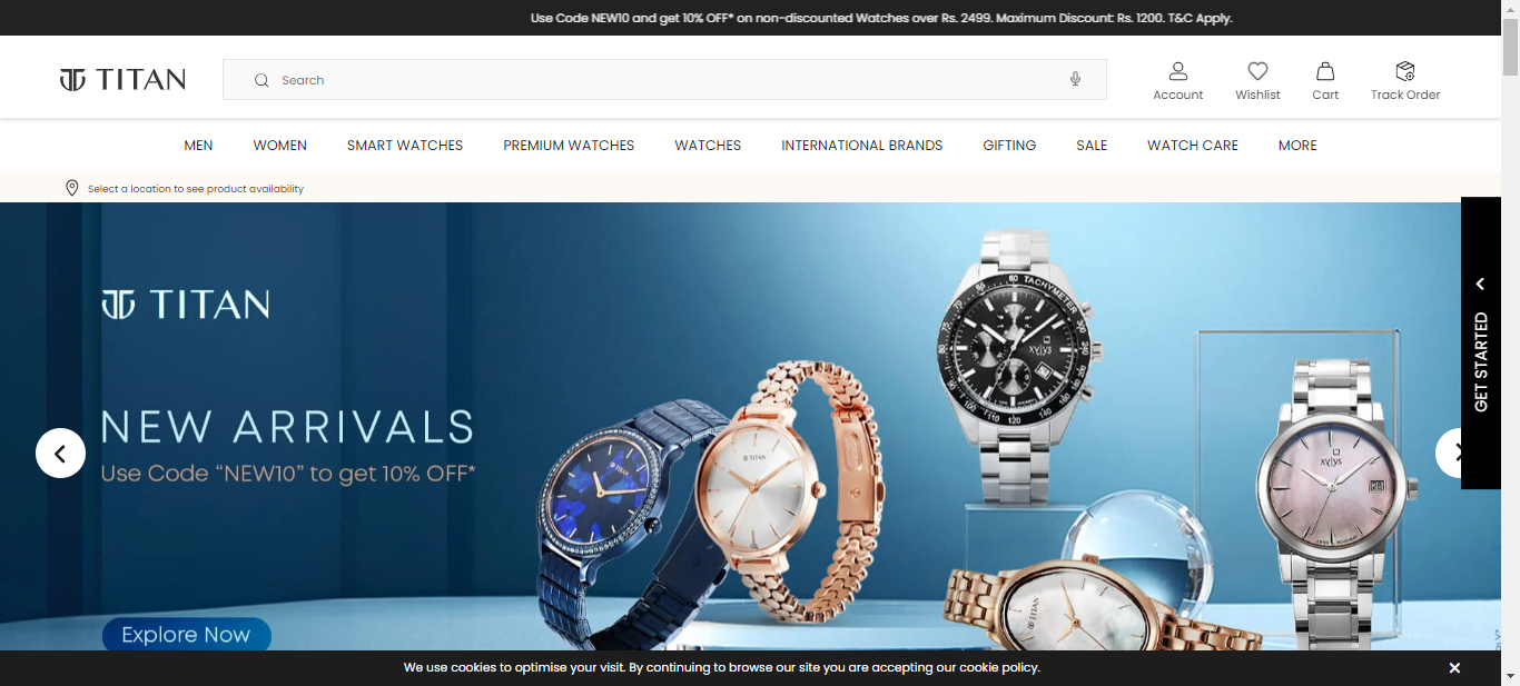 Homepage view of Titan Watch eCommerce website